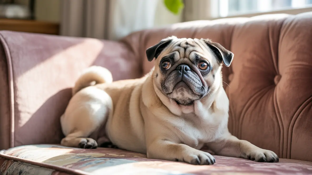 Fawn-colored pug lying comfortably on a beige leather couch in a cozy living room