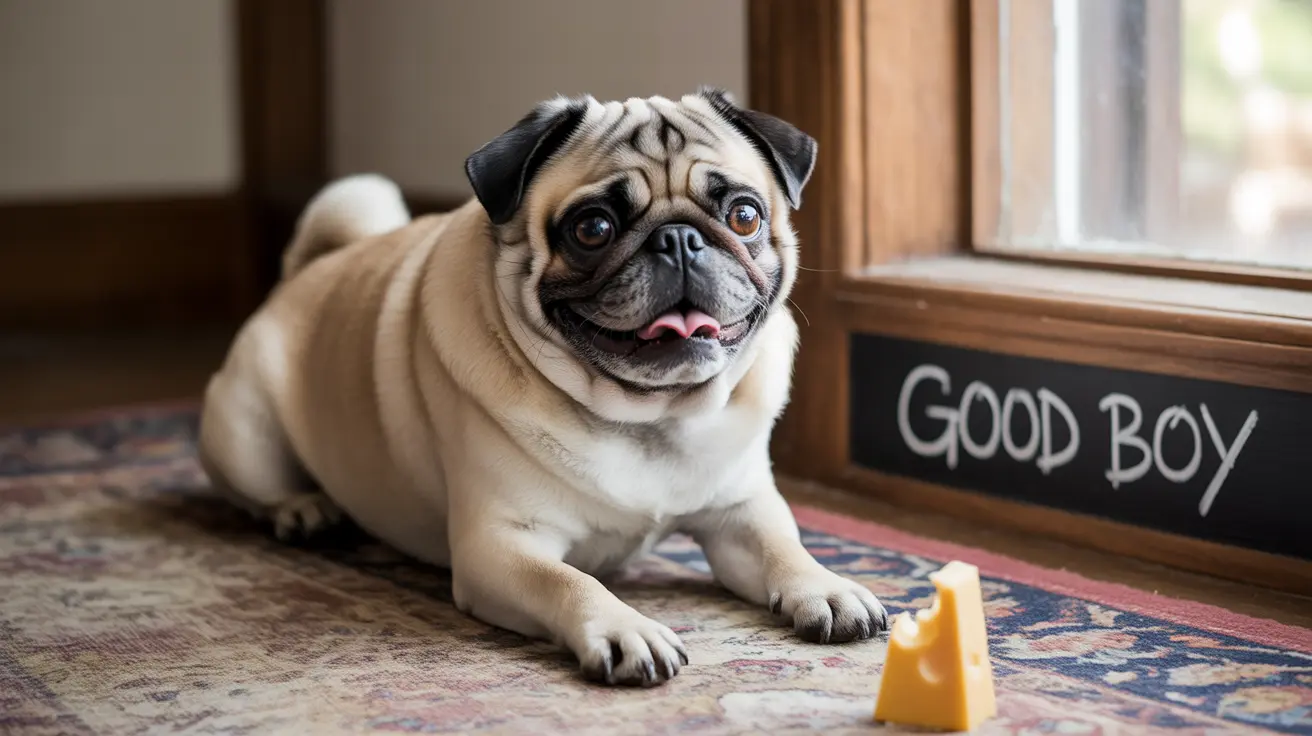 A fawn-colored Pug sitting on a decorative rug with cheese and a 'Good Boy' sign near a window