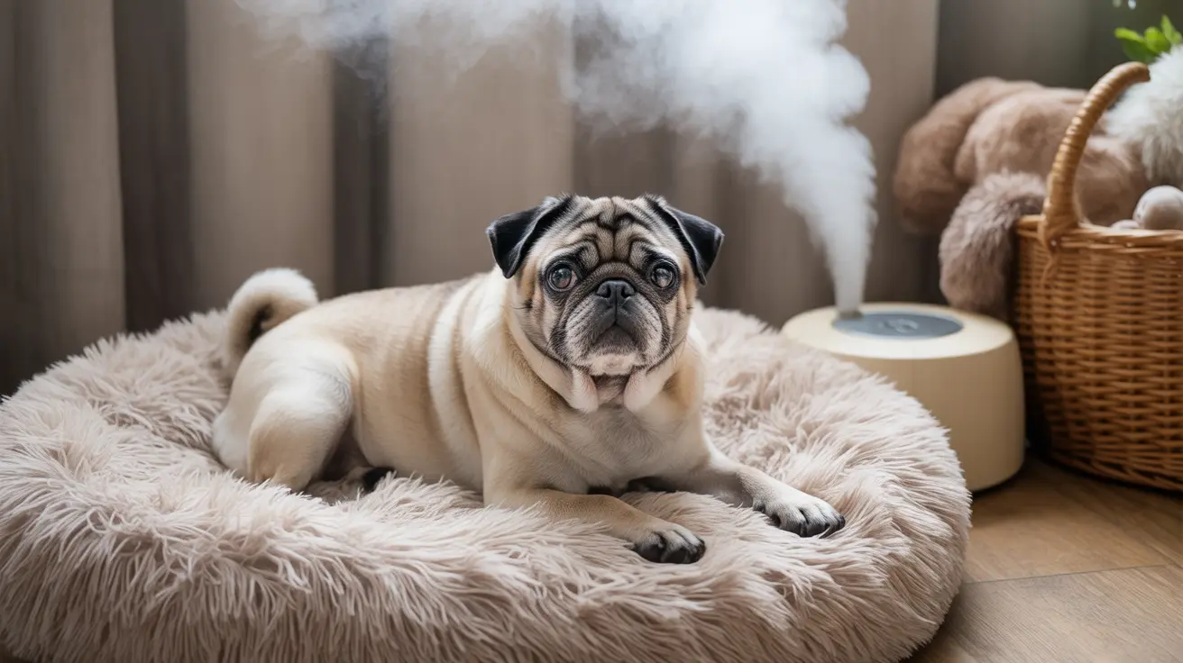 Fawn pug resting on beige pet bed next to humidifier in cozy room
