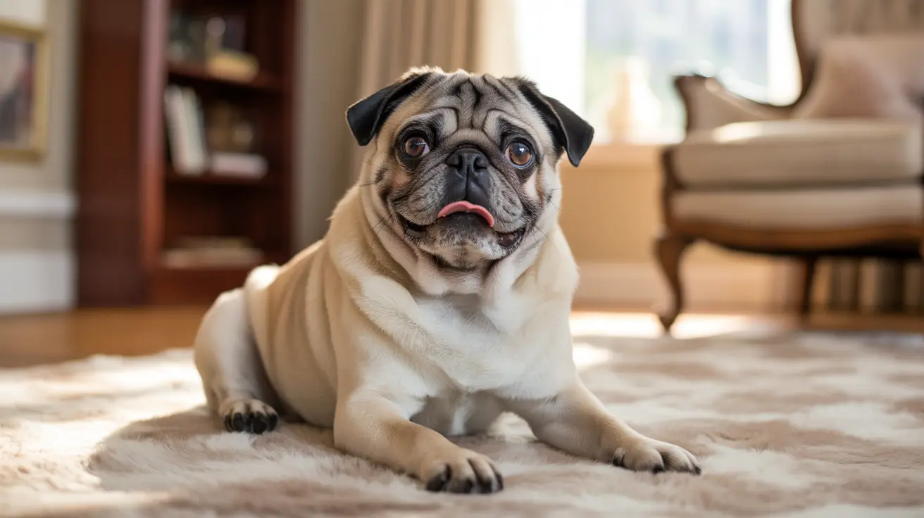 Fawn-colored Pug lying on a rug in a cozy living room with its tongue slightly out