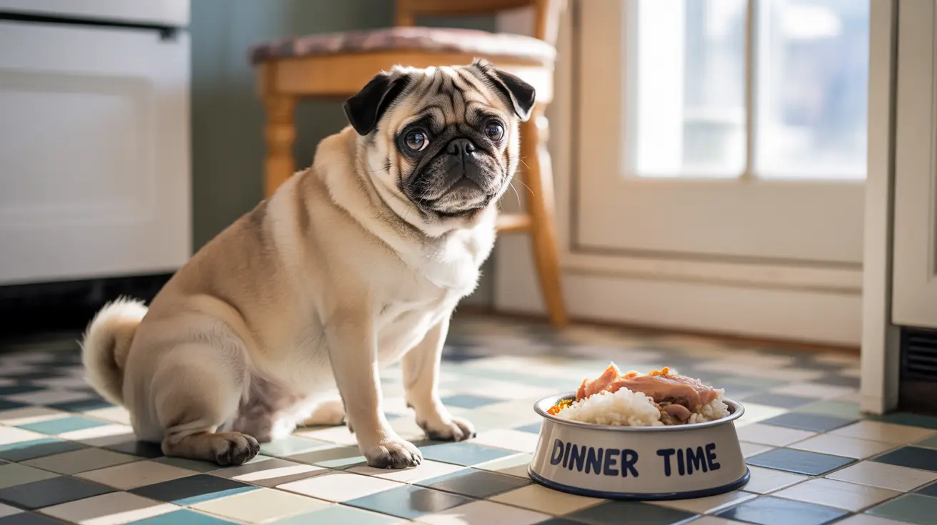 A fawn-colored pug sitting next to a full dog food bowl marked 'DINNER TIME'