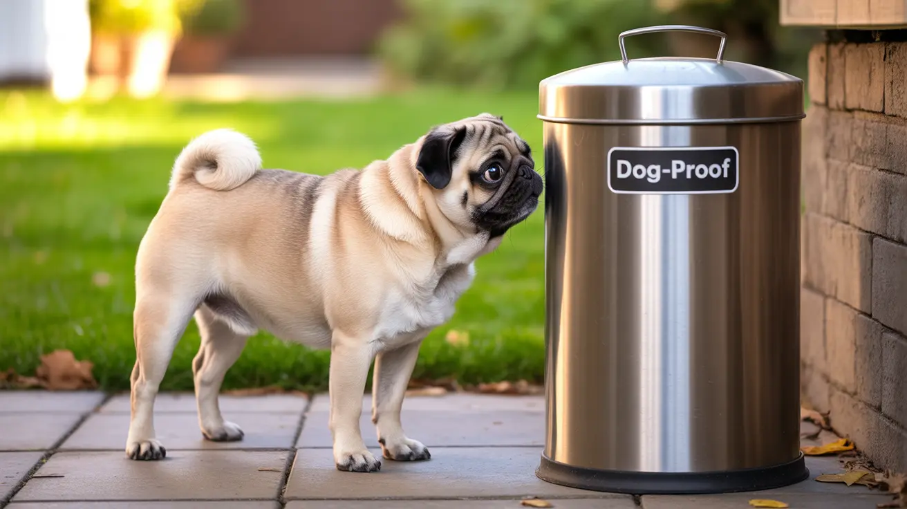 A fawn-colored pug next to a stainless steel 'Dog-Proof' trash can in an outdoor setting