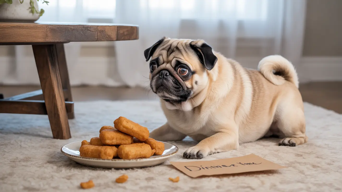 Fawn-colored pug sitting next to a plate of golden-brown dog treats with a 'Dinner time' sign