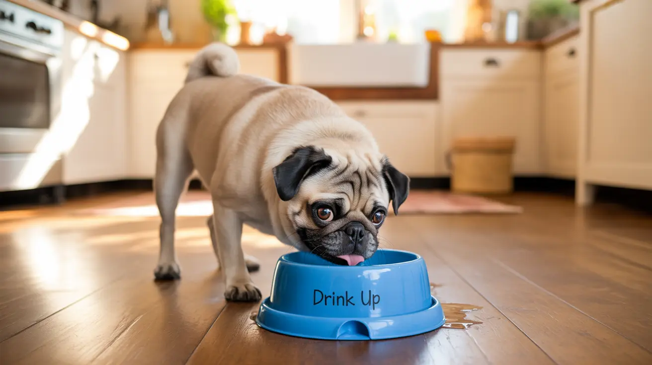 A fawn-colored pug drinking water from a blue bowl in a kitchen