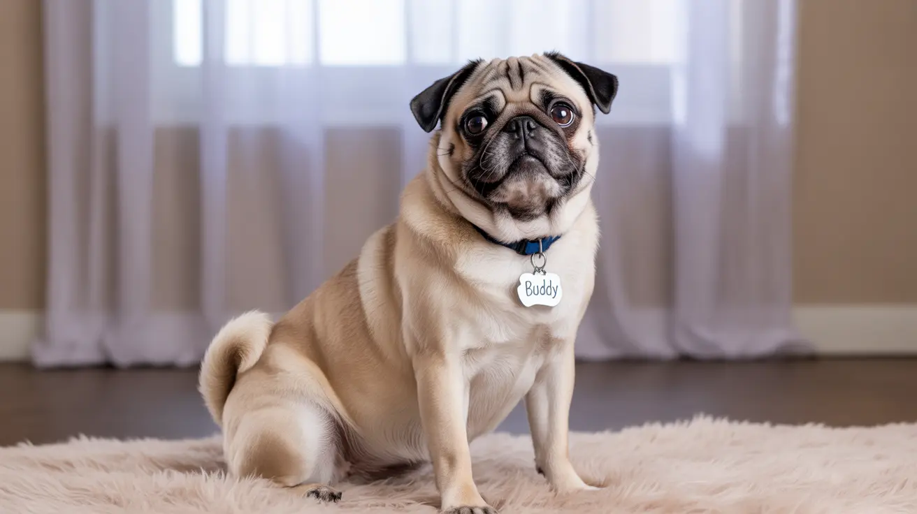 A fawn-colored Pug sitting attentively on a soft beige rug, wearing a blue collar with a bone-shaped name tag that reads 'Buddy'