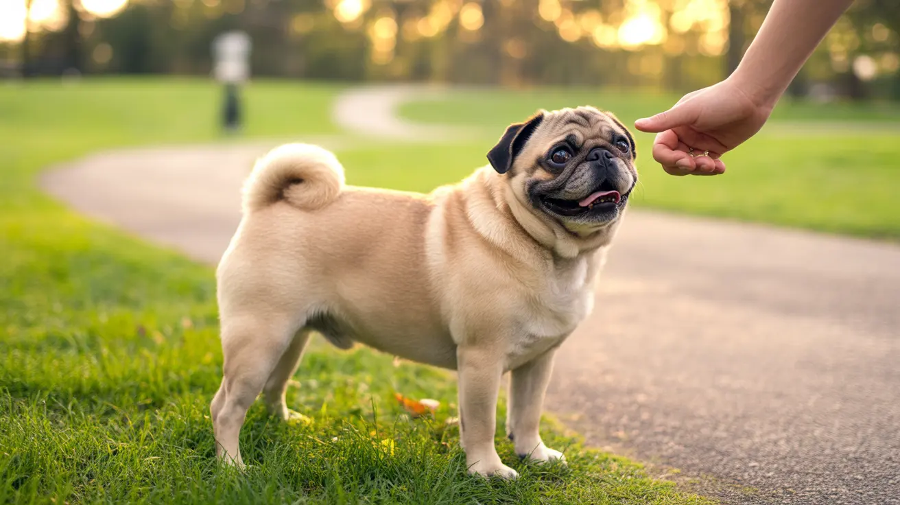 Fawn-colored Pug standing on grass near a walking path with a hand reaching towards it