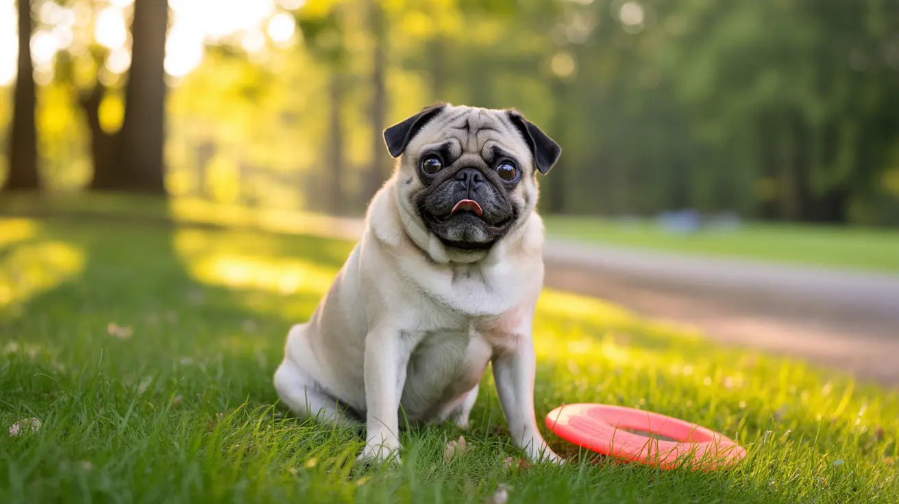Fawn-colored pug sitting in a grassy park with a red frisbee nearby, looking directly at the camera