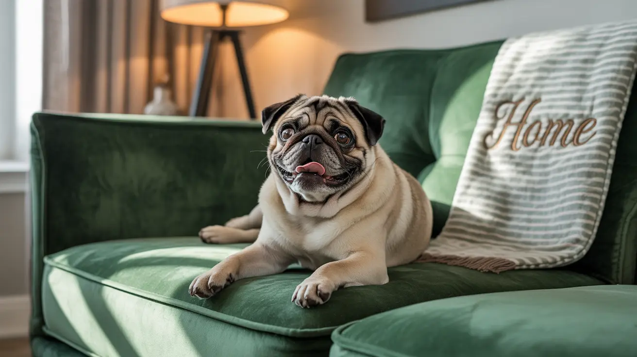 Fawn-colored Pug comfortably sitting on green velvet couch with striped 'Home' blanket nearby