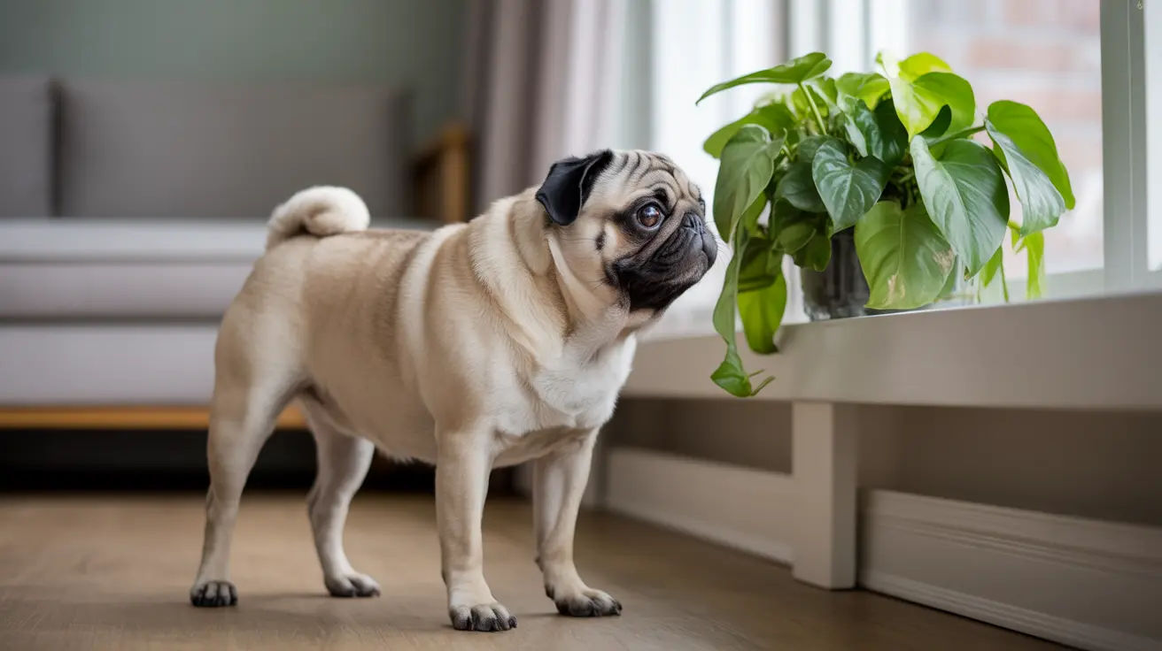 Fawn-colored pug standing alert near a houseplant by a window