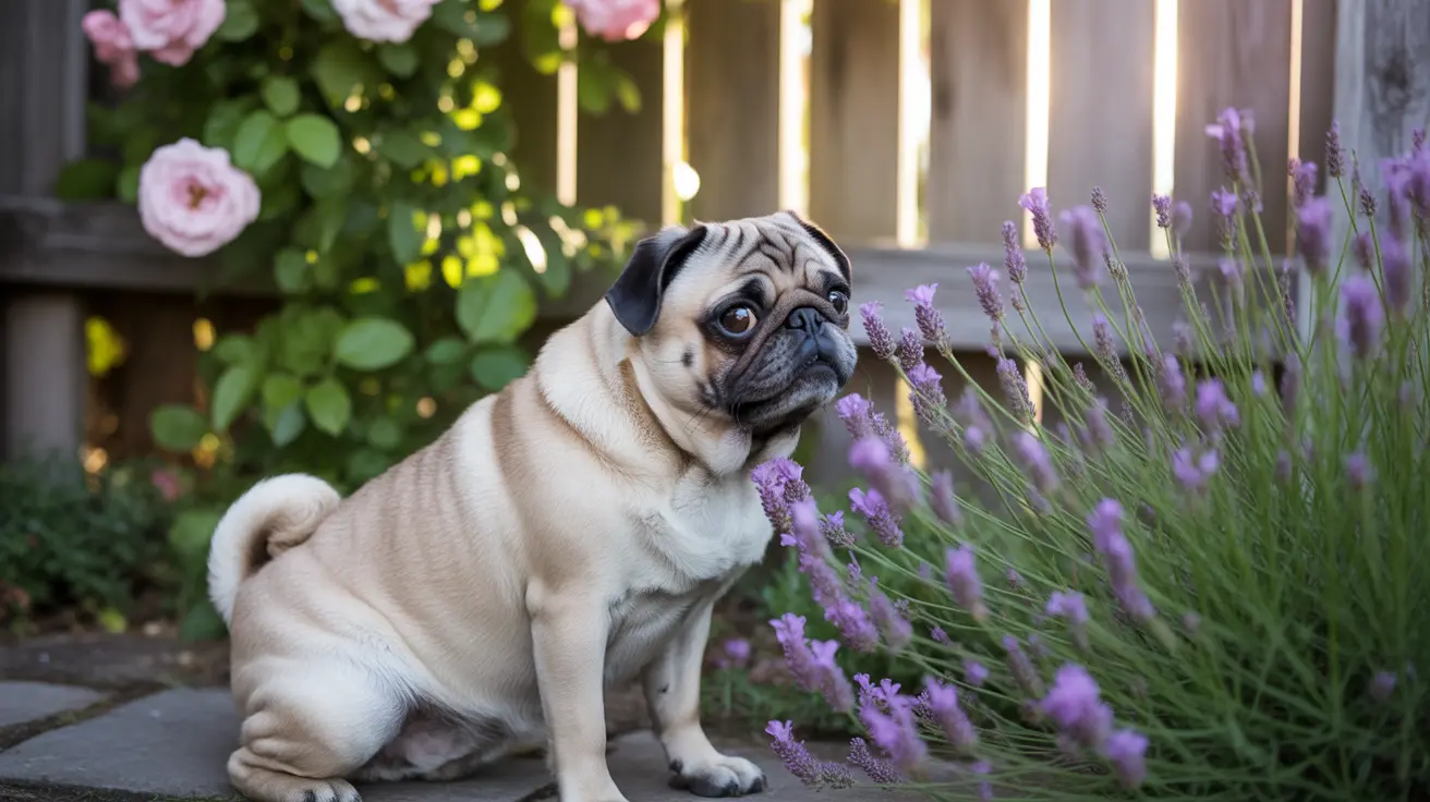 A fawn-colored pug sitting next to lavender plants in a garden setting