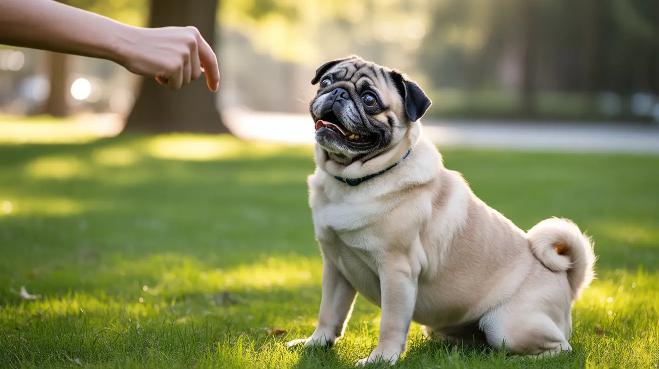 日差しが木々の間から差し込み、青々とした芝生の上にクリーム色のパグが座り、その犬に向かって手を伸ばしている様子