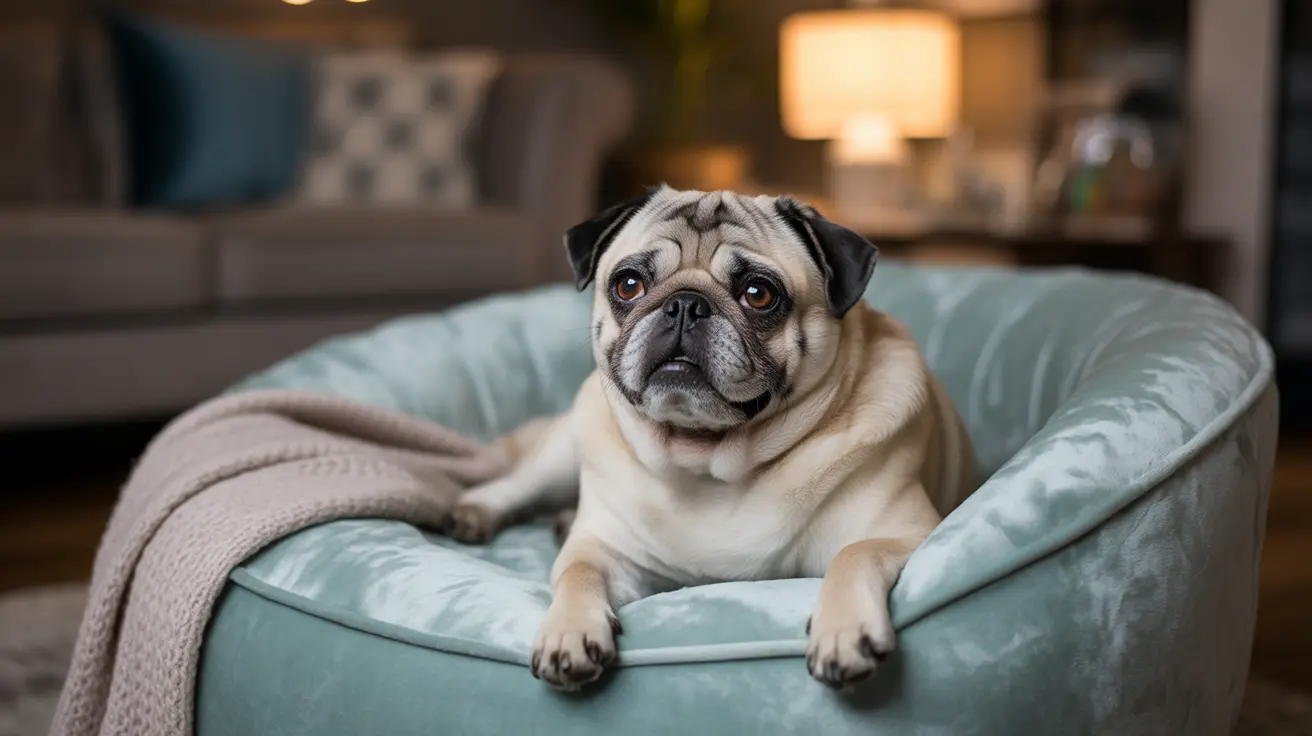 明るい青色のペットベッドに快適に座っているフォーンカラーのパグの犬、近くにはベージュのニット毛布がかかっている