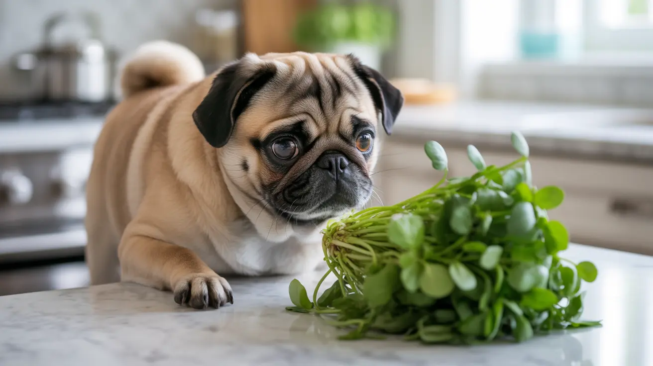 Fawn-colored pug sitting on a marble countertop next to fresh green herbs or microgreens