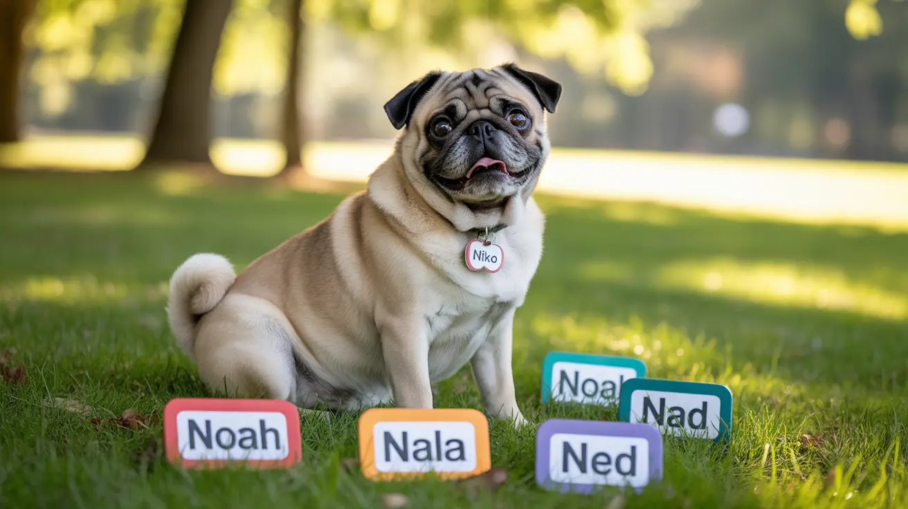 Fawn-colored Pug sitting on grass wearing collar tag reading 'Niko' with name tags around him