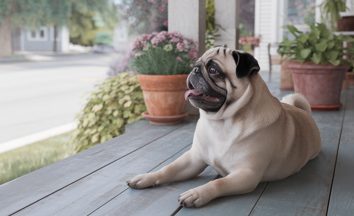 A pug relaxes on a shaded porch, gently panting as it watches the world go by