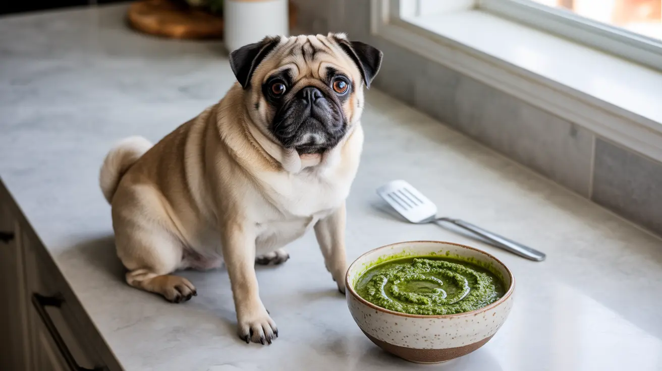 A fawn-colored pug sitting attentively next to a bowl of green pesto sauce in a kitchen setting