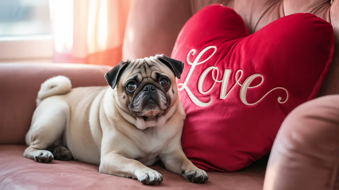 Fawn-colored pug sitting on a pink couch next to a red heart-shaped pillow with the word 'Love' written in cursive