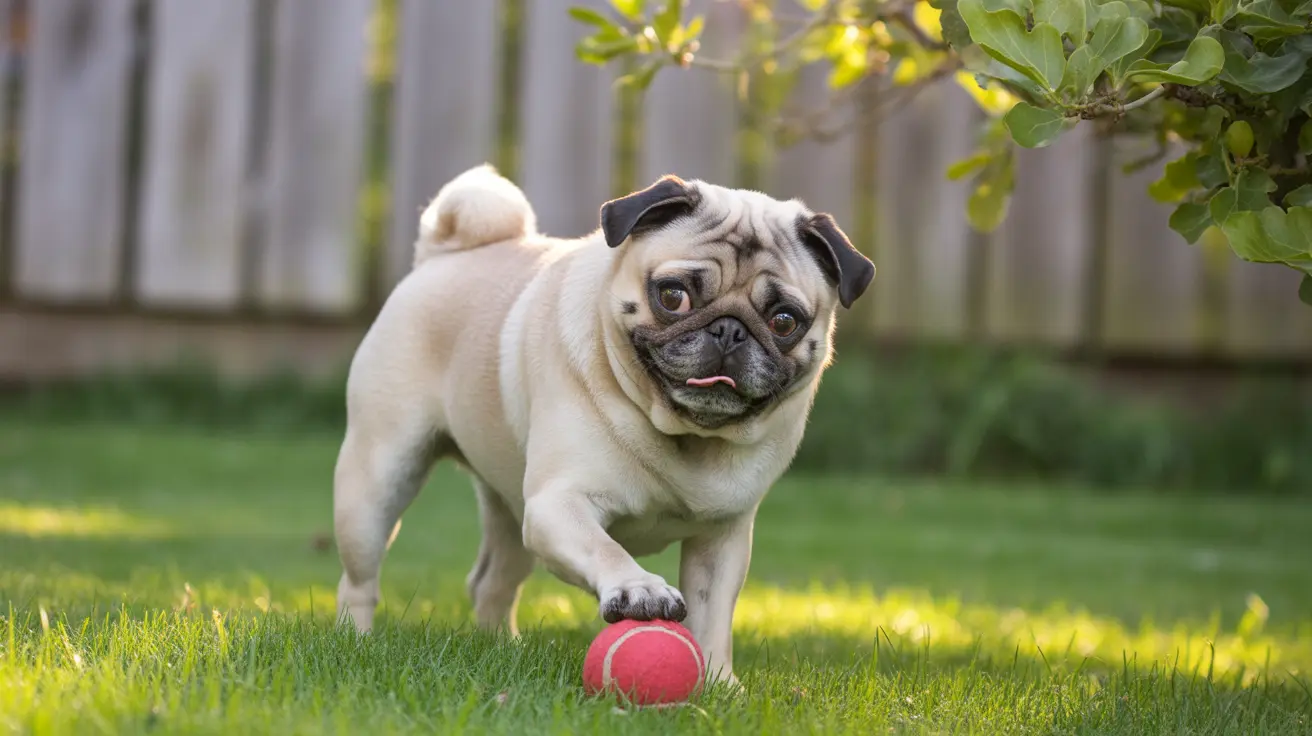 Fawn Pug playing with a pink tennis ball on green lawn in backyard