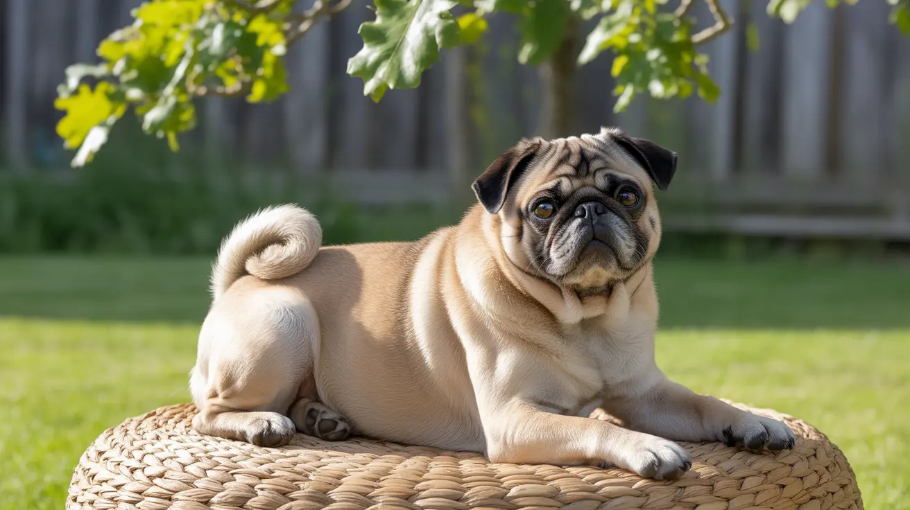 Fawn pug lying relaxed on woven basket in sunny backyard garden