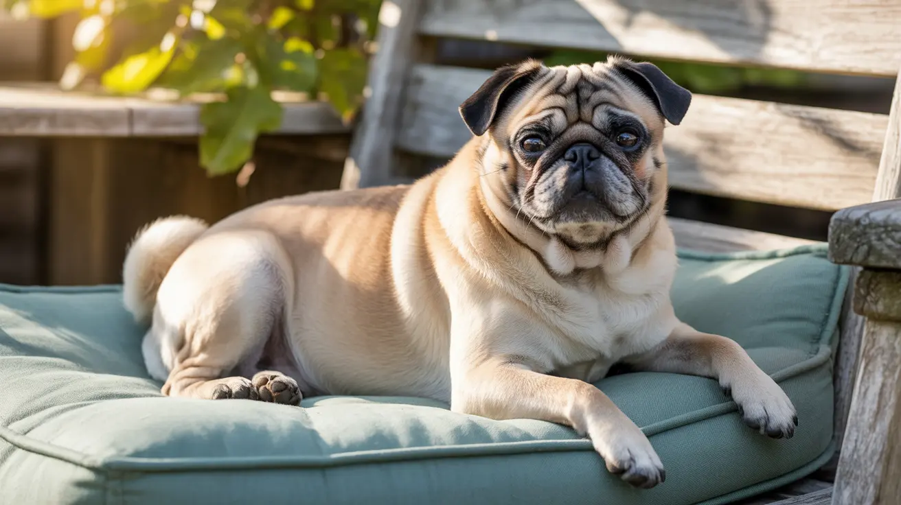 A fawn-colored Pug resting comfortably on a blue-green cushion outdoors