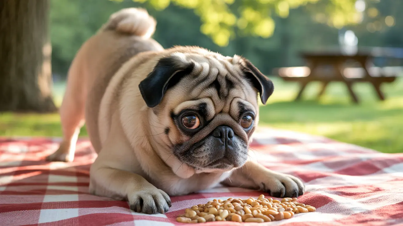 赤と白のチェック柄のピクニックブランケットの上で休んでいるフォーングカラーのパグ、その近くに犬の食べ物の山がある