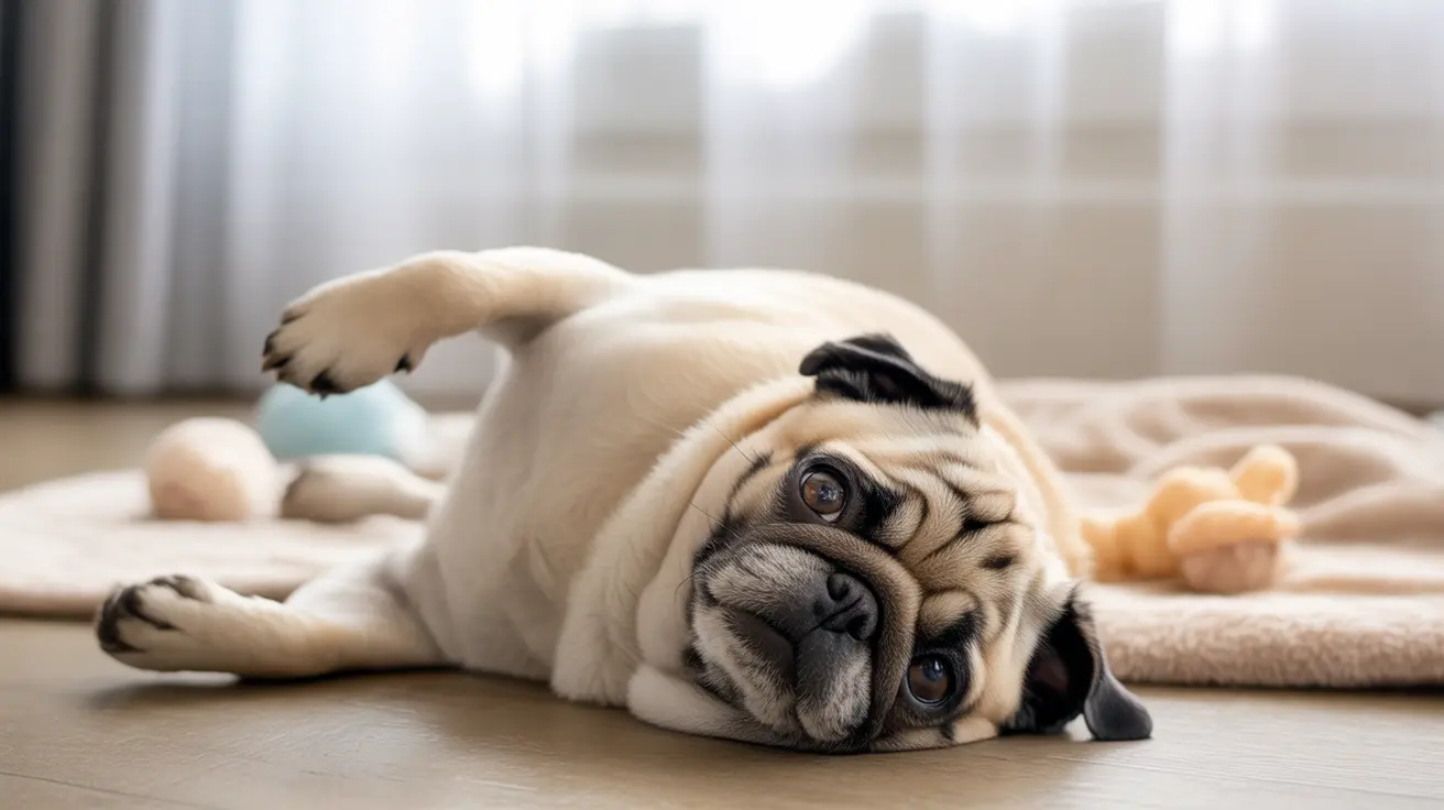 A fawn-colored pug lying lazily on a soft blanket with some toys nearby.