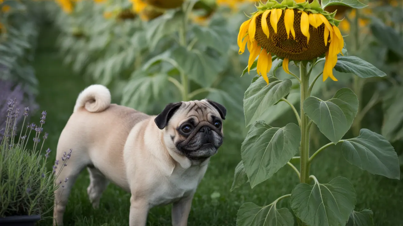 Fawn-colored pug standing in a garden next to a large sunflower
