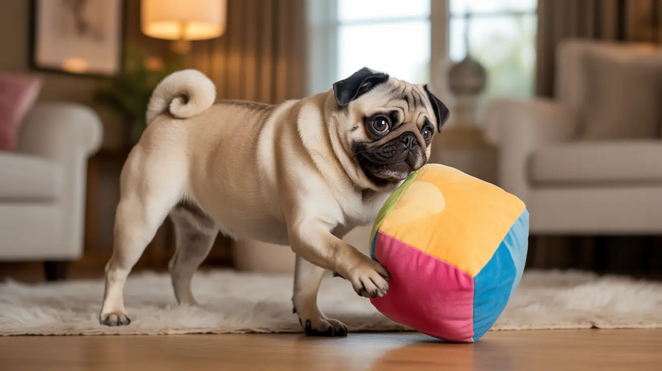 Fawn pug standing on a living room rug holding a colorful plush toy in its mouth