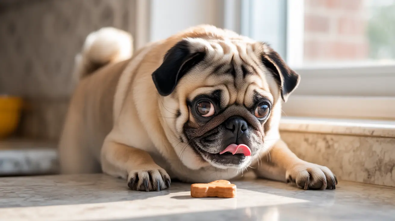 Fawn-colored pug lying on kitchen floor looking at a small treat