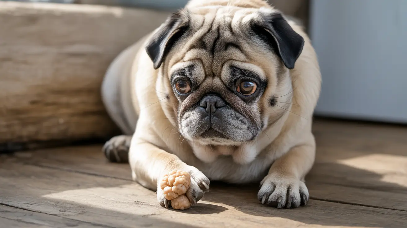 A fawn-colored Pug with a wrinkled face lying on the floor, looking contemplative