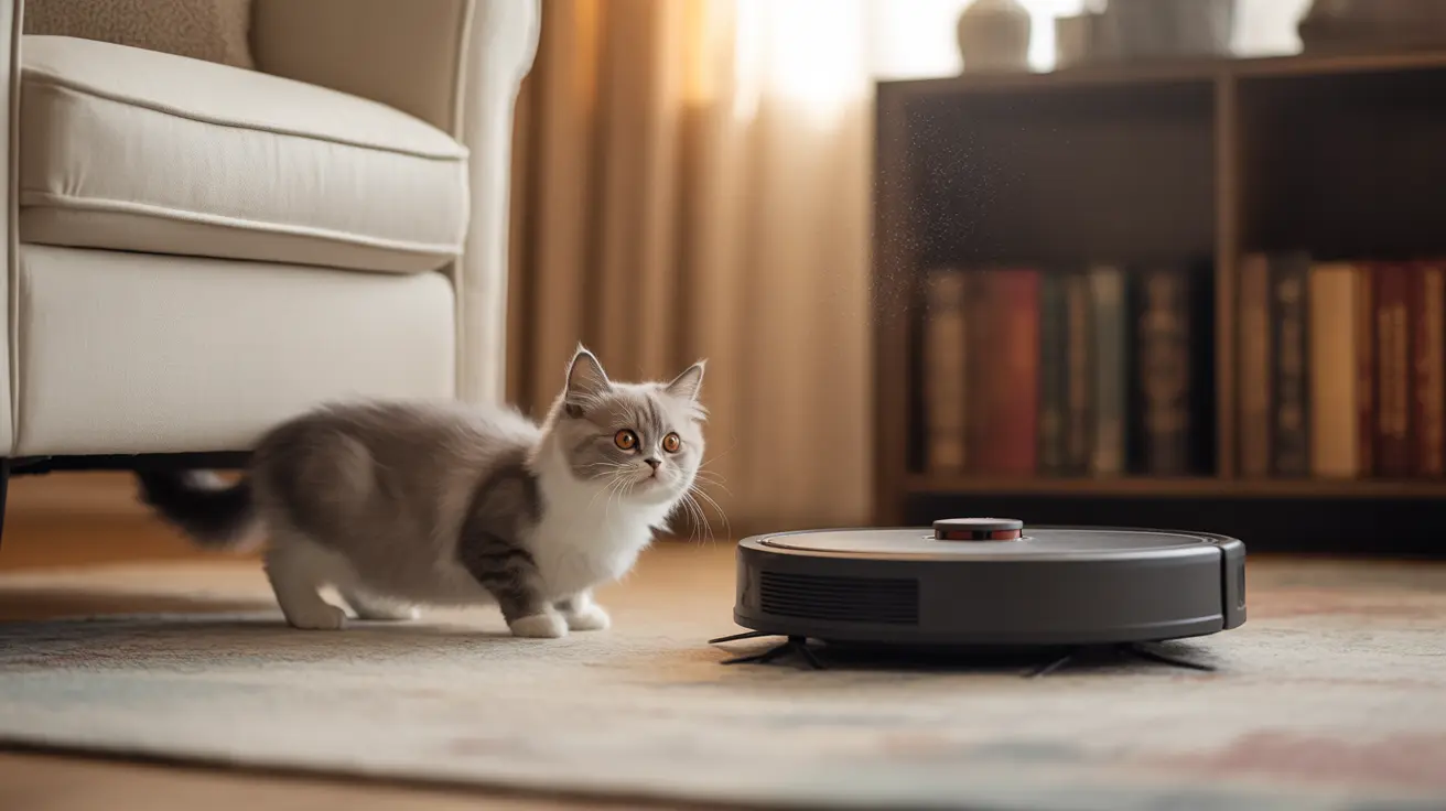 A fluffy gray and white cat sitting near a robotic vacuum cleaner in a cozy living room