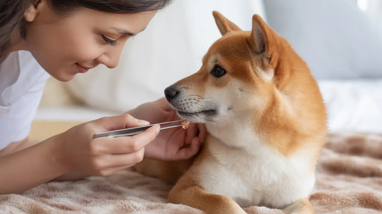 A person gently feeding a treat to a Shiba Inu dog using tweezers