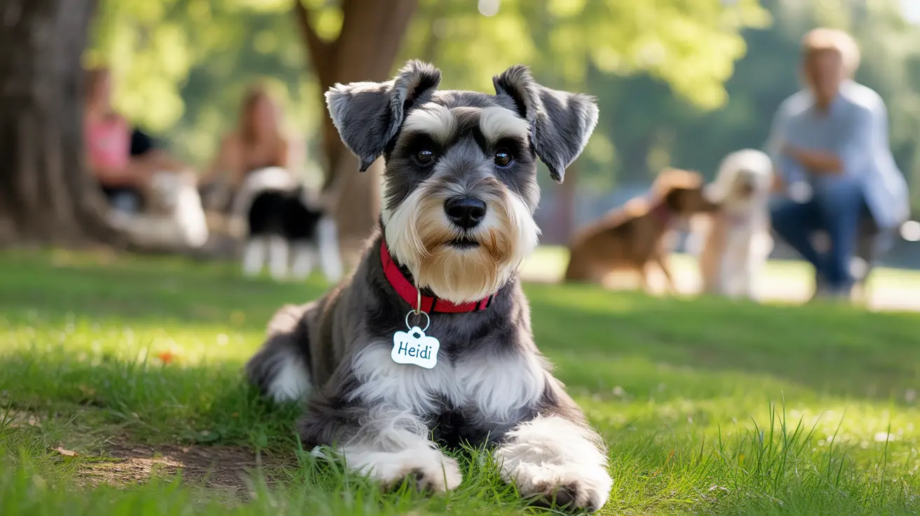 A well-groomed Schnauzer with a red collar sitting calmly on grass in a park setting