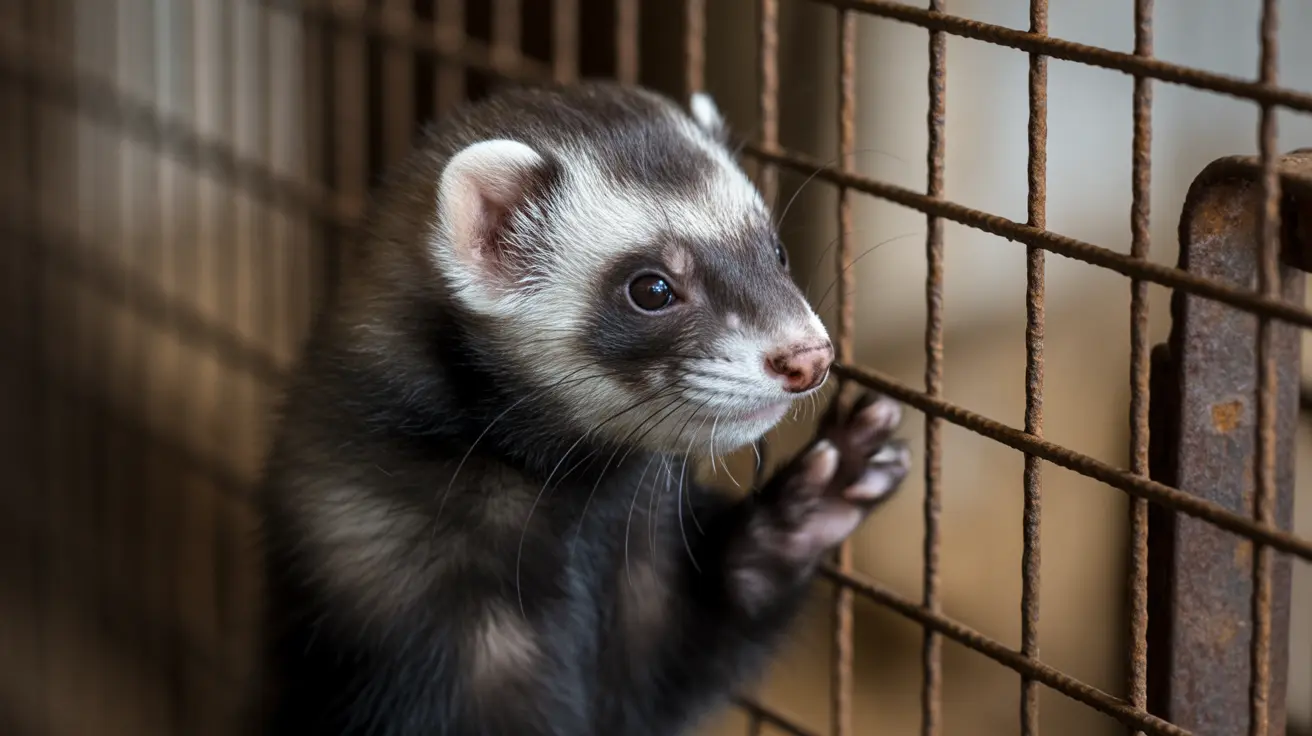A ferret sitting in a rusty metal cage, looking off to the side with a contemplative expression
