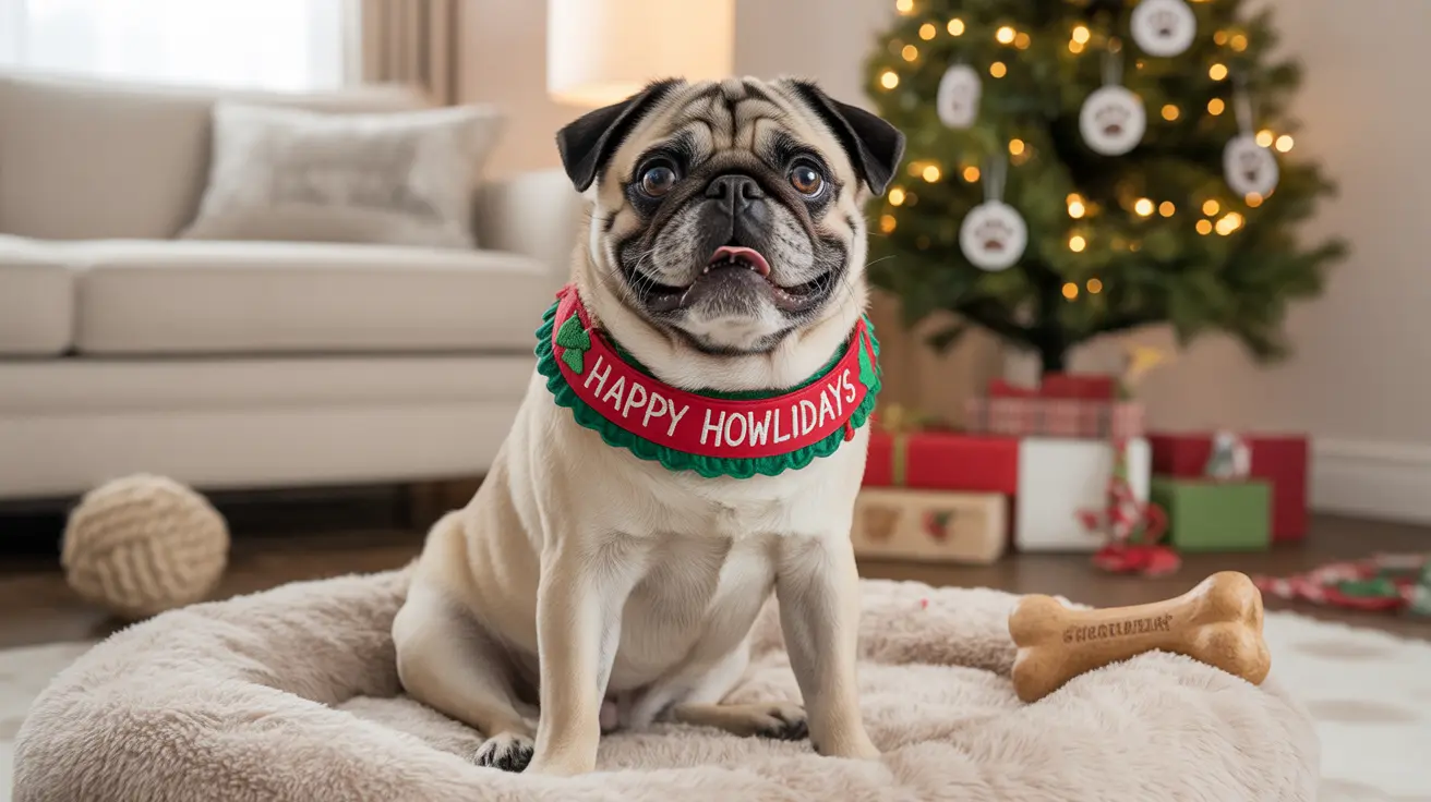 Festive pug wearing a 'Happy Howlidays' collar lying on a soft bed with a bone in front of a decorated Christmas tree