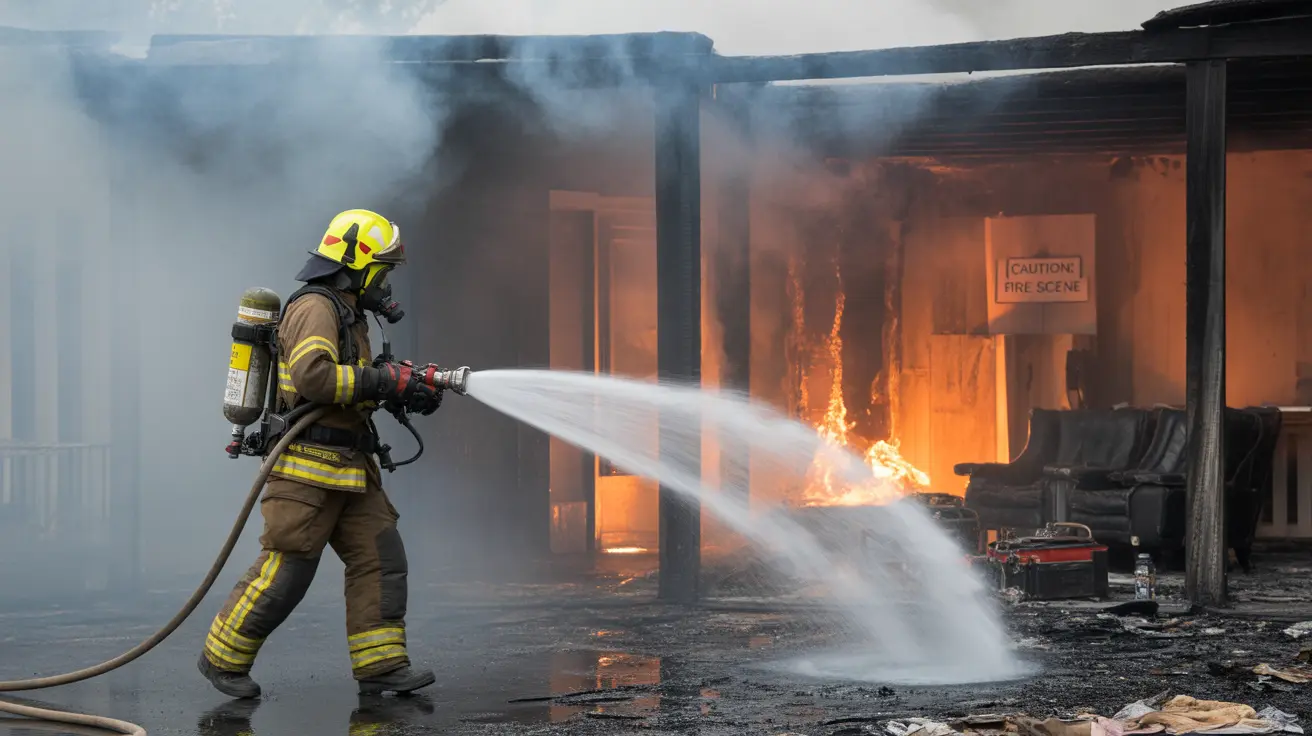 Firefighter extinguishing a burning building with a powerful water hose