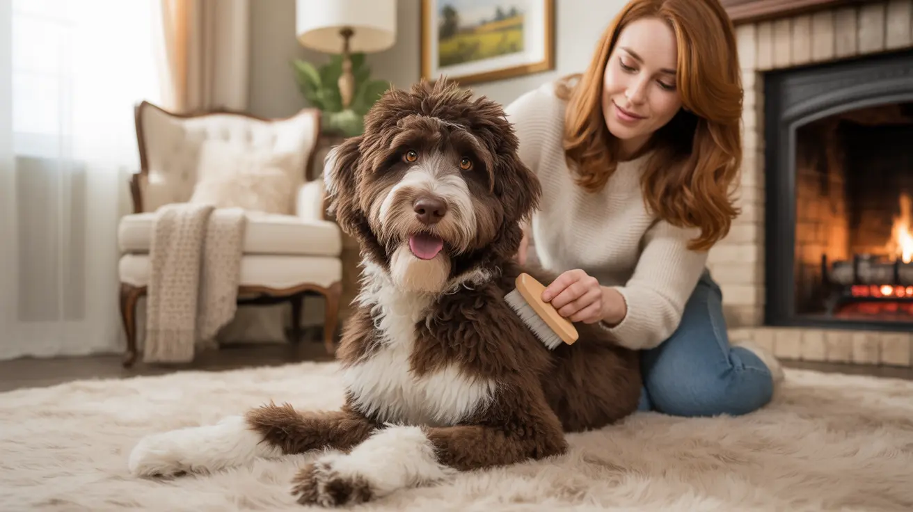 A fluffy Bernedoodle being groomed by a woman near a fireplace