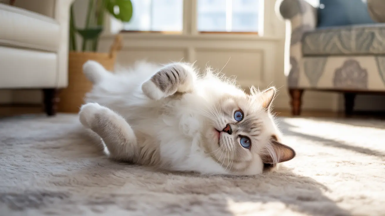 A fluffy white and cream Birman cat lying on its back on a soft carpet, looking playful and relaxed