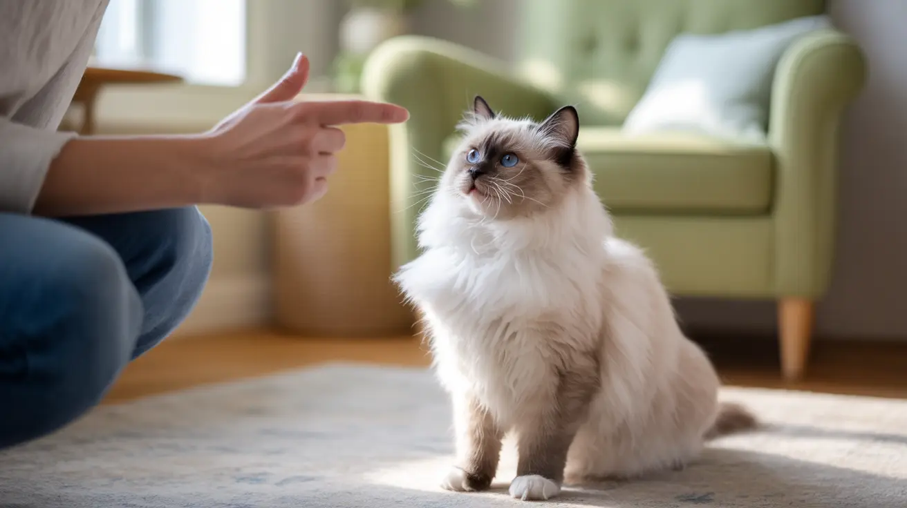 A fluffy white and cream Ragdoll cat with striking blue eyes sitting on a carpet with a nearby pointing hand
