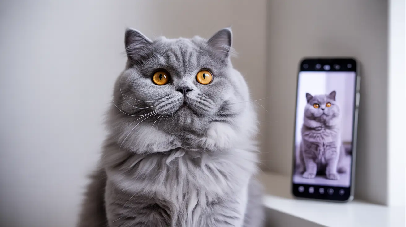 A fluffy gray British Shorthair cat with golden-yellow eyes beside a smartphone showing its image
