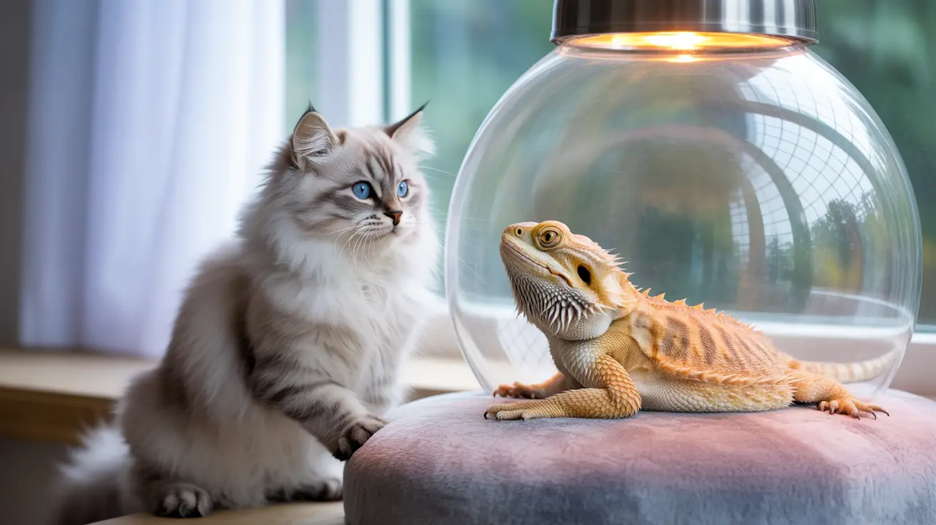 A fluffy white cat and a bearded dragon sharing a peaceful moment near a window