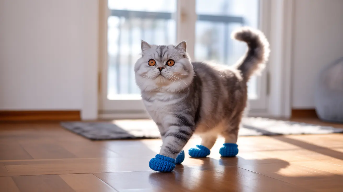 A fluffy silver and white cat wearing bright blue knitted booties, standing on a wooden floor near a window.