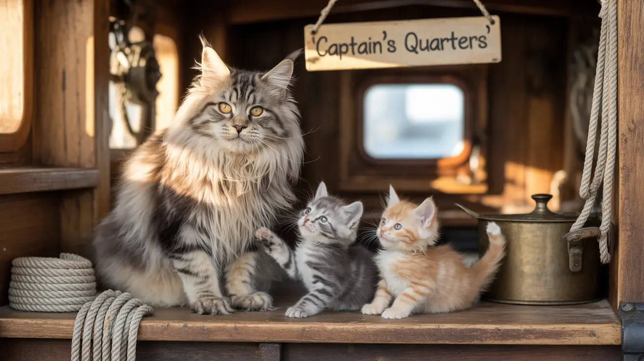 A large fluffy adult cat sitting with two smaller kittens in a nautical-themed wooden interior