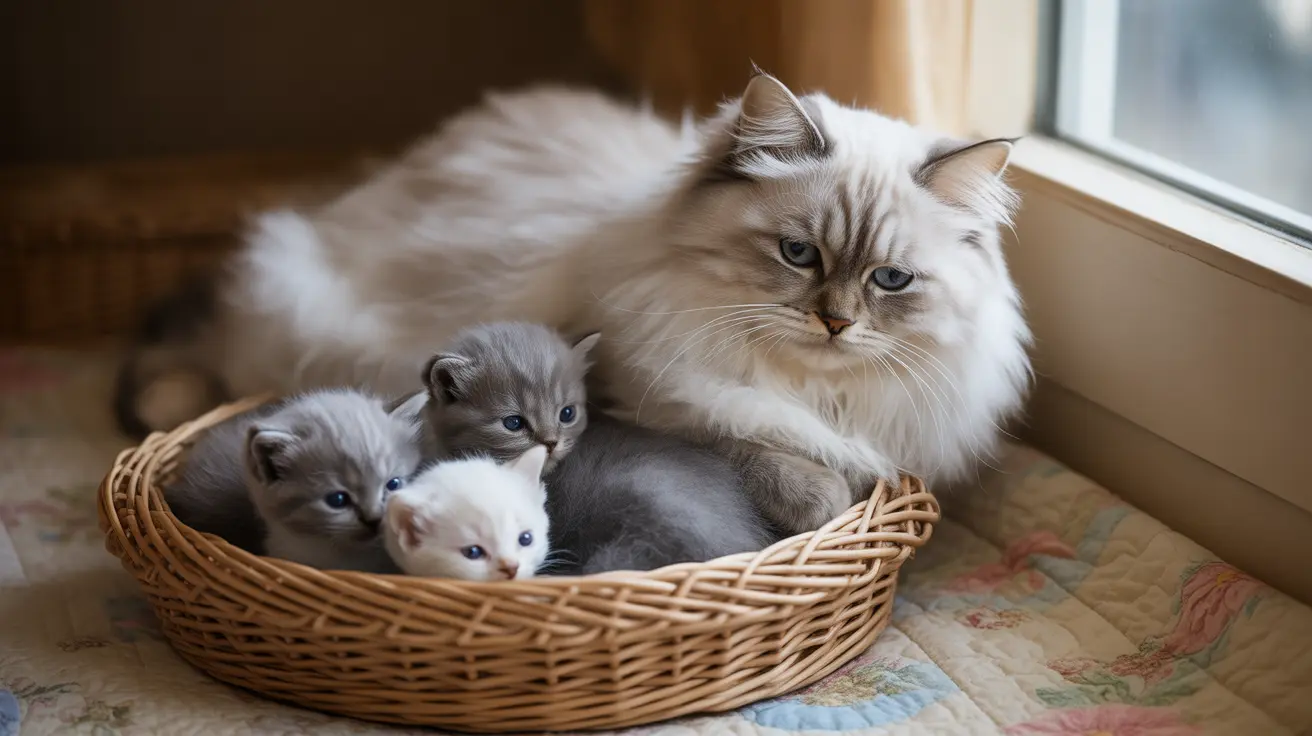 A fluffy white adult cat with several small gray and white kittens in a woven wicker basket