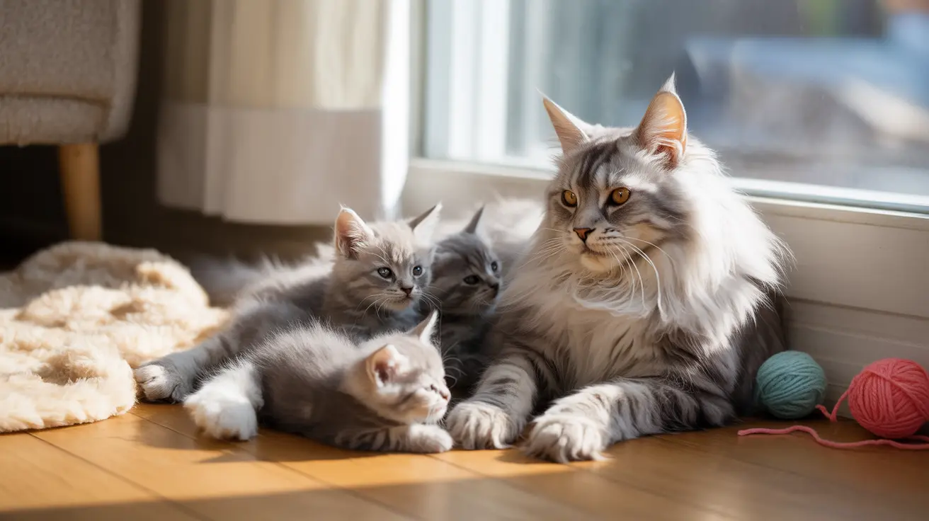 大きくてふわふわした白と灰色の猫が、窓の近くで3匹の小さな子猫と一緒に座っている