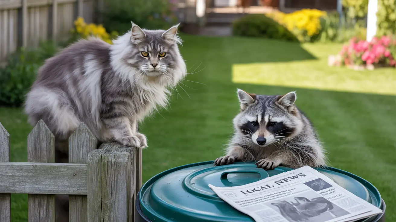 A large fluffy cat and a raccoon sitting together near a wooden fence in a manicured backyard