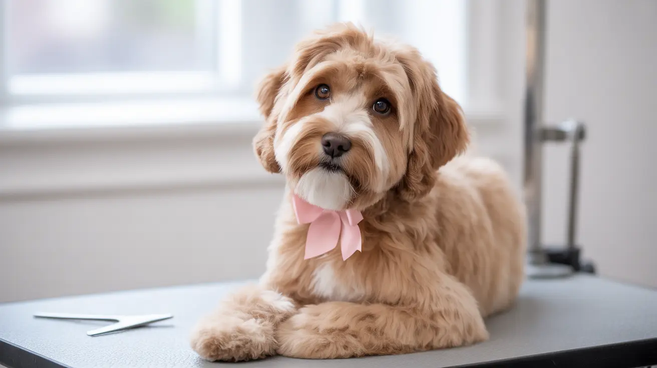 A fluffy caramel and white Cavapoo wearing a pink bow, sitting on a grooming table