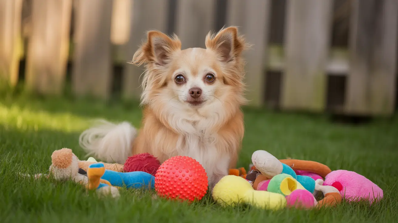 Fluffy tan and white long-haired Chihuahua sitting among colorful dog toys in a grassy backyard