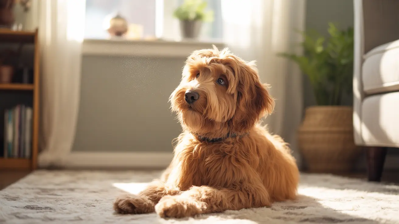 A fluffy golden-colored Cockapoo sitting calmly on a soft carpet near a sunny window