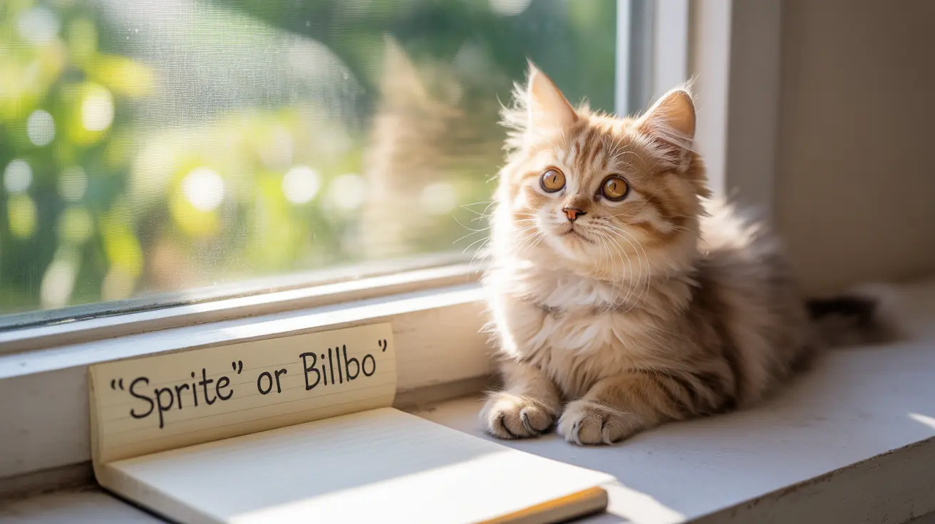 A fluffy cream and brown long-haired cat sitting on a windowsill next to a name tag reading 'Sprite' or 'Bilbo'.